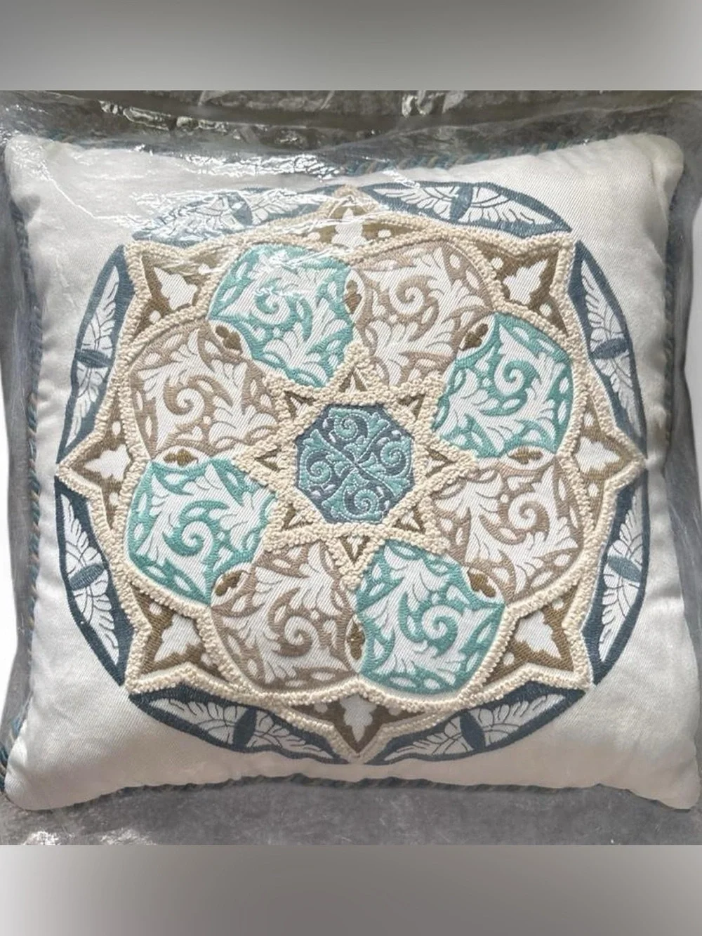 Pier 1 White Pillow with Teal, Beige and Blue Embroidered Medallion Coastal Boho